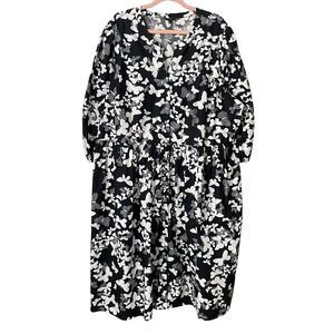 Talbots Dress Womens 22W Black White Butterfly Midi Puff Sleeve Shirt Pockets
